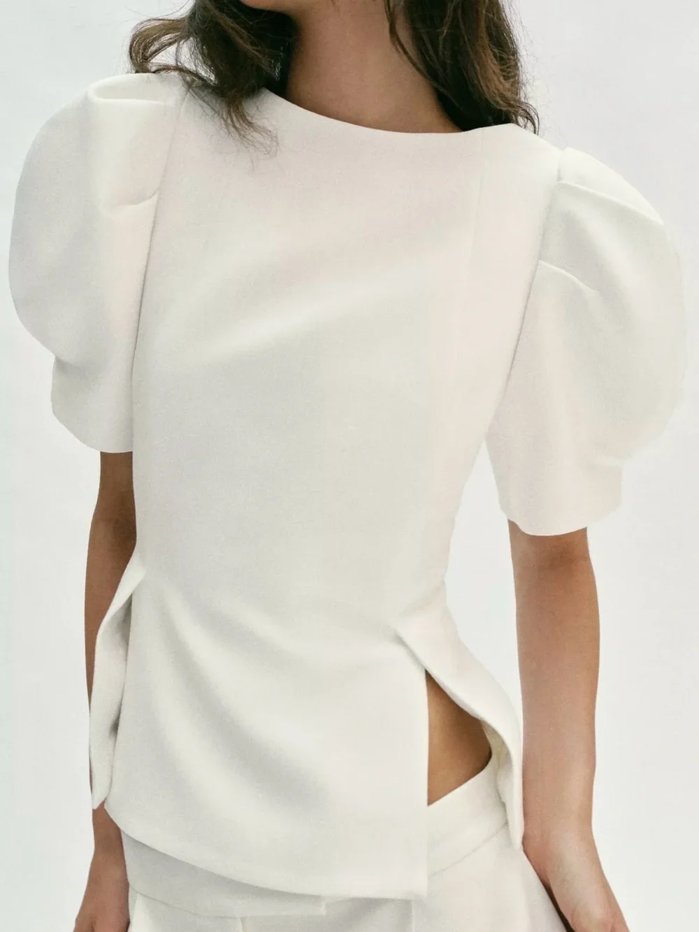 Zara White Puff Sleeve Crewneck Top